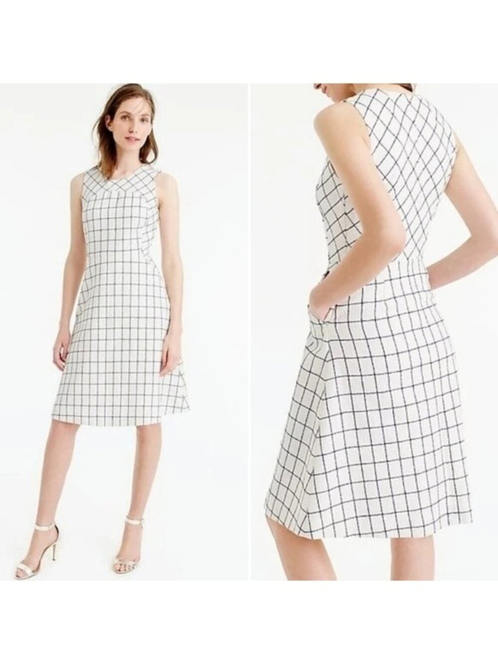 J.Crew Tweed Dress Size 0 Windowpane Sleeveless Fit Flare Ivory Navy Grid Patter